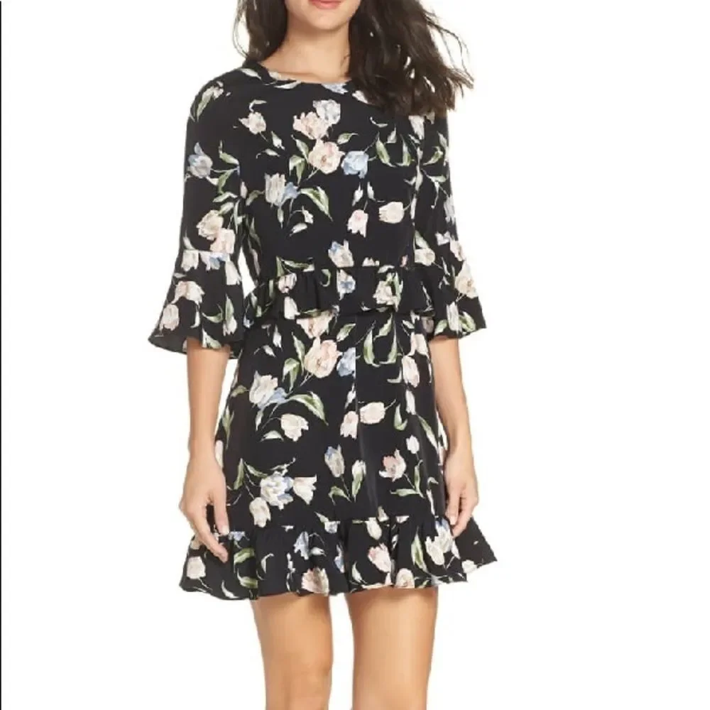 Avec Les Filles Floral Bell Sleeve Dress